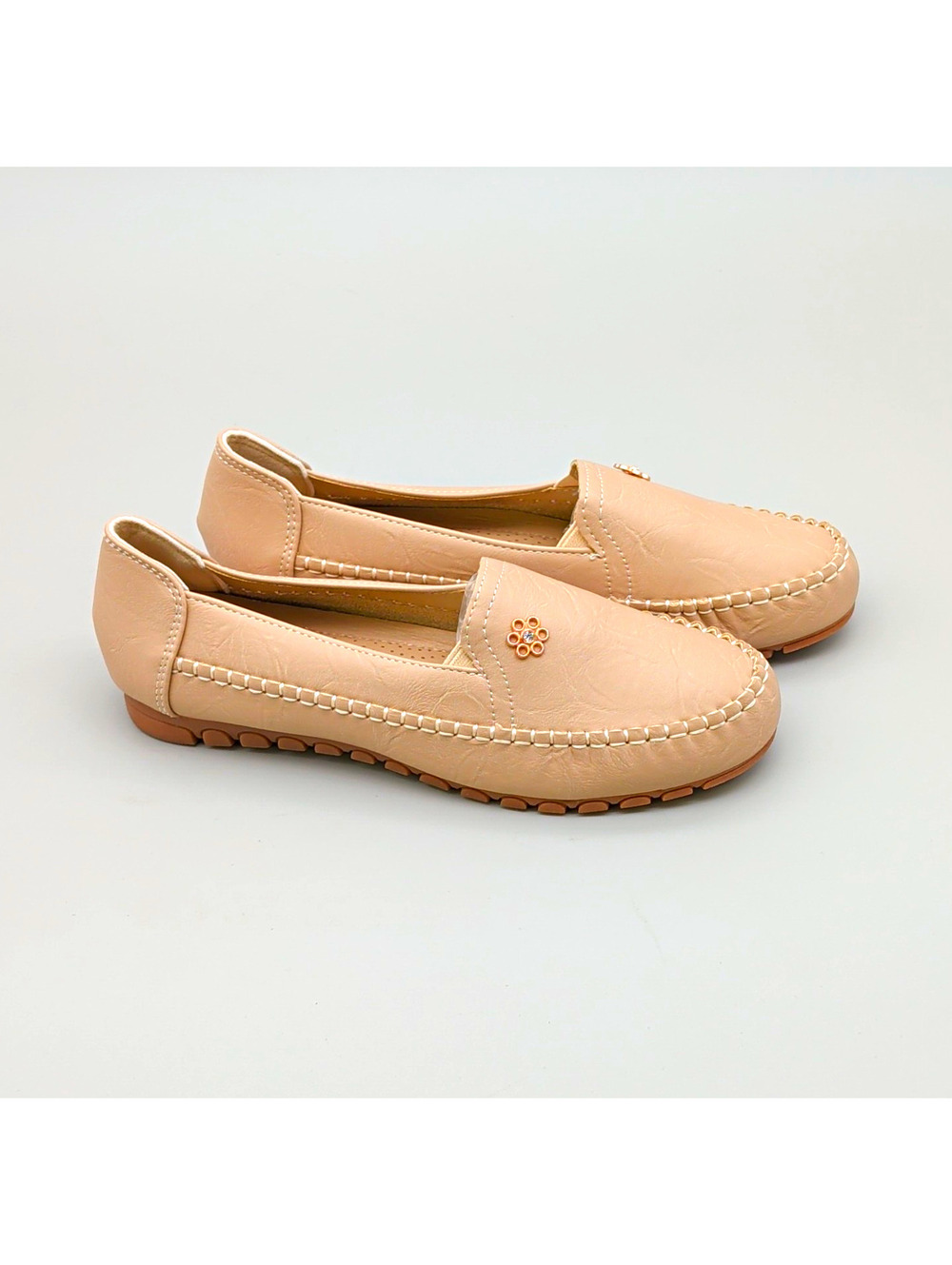 Women's Beige Slip-On Loafer Flats Round Toe Synthetic Upper Rubber Sole 9.5